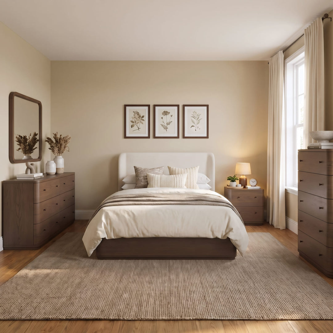 Penny Upholstered Platform Bed in Chocolate Mousse styled in a bedroom