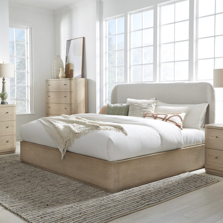 Penny Upholstered Platform Bed in Buff Cream styled in a bedroom