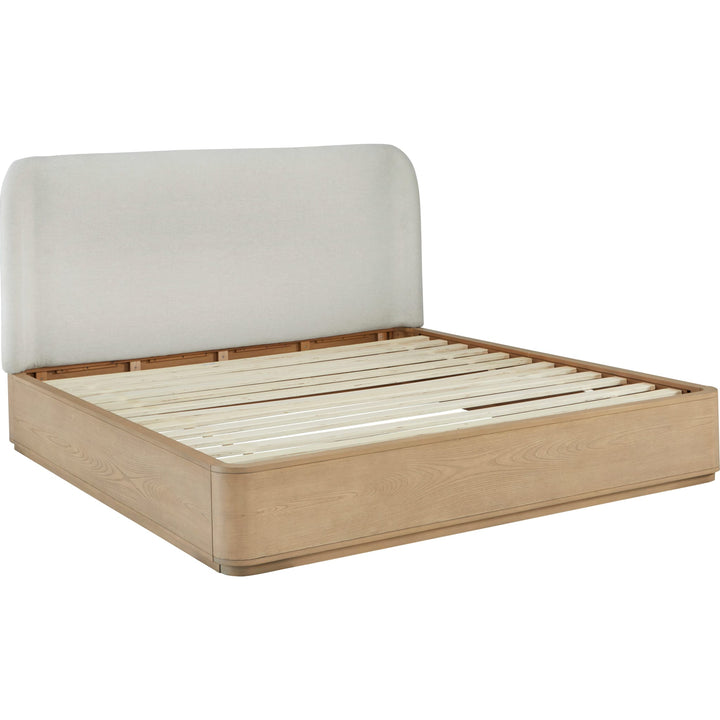 Penny Upholstered Platform Bed in Buff Cream — without mattress, showing slat platform