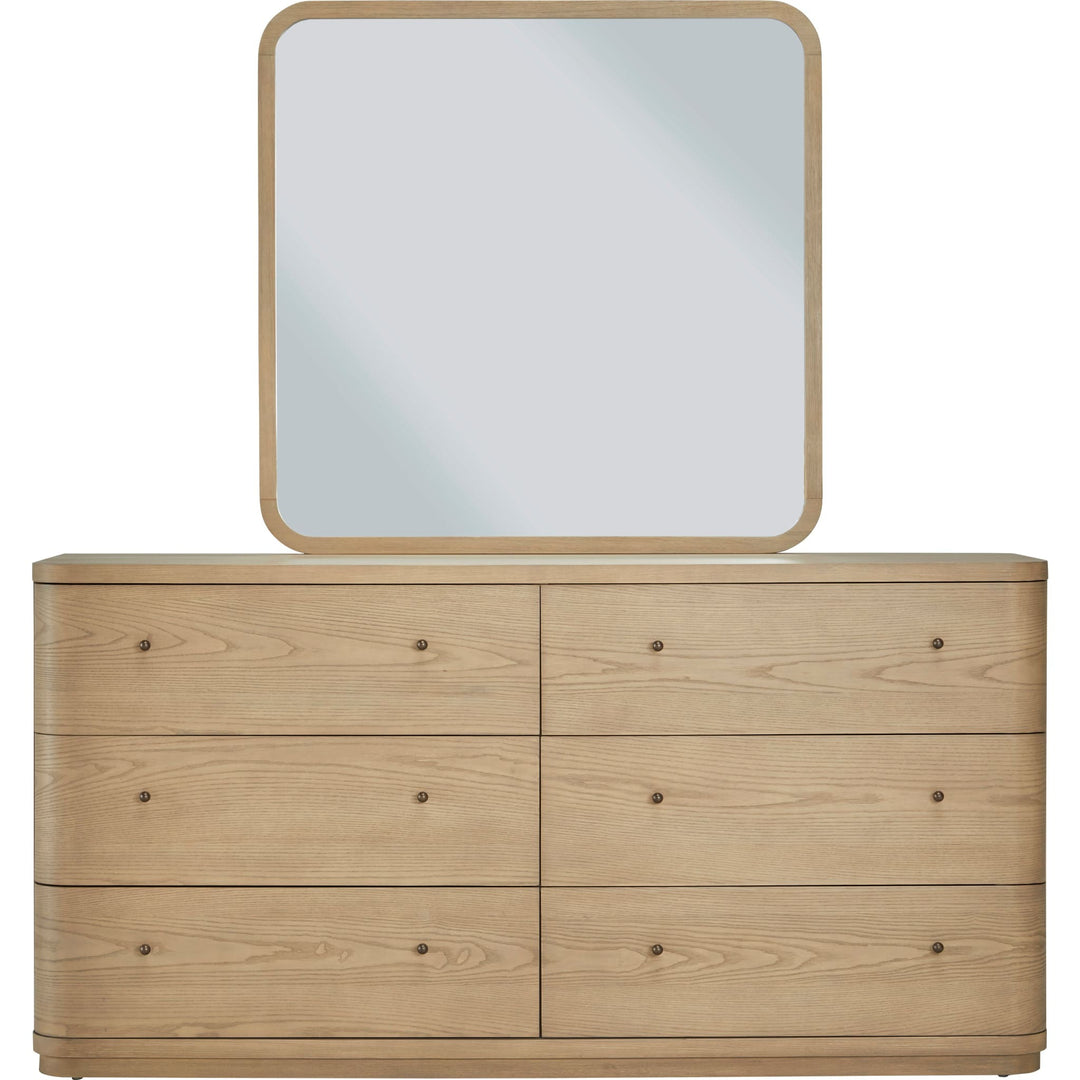 Penny Wall or Dresser Mirror in Buff Cream — on a white background, mounted on the matching dresser (sold separately)