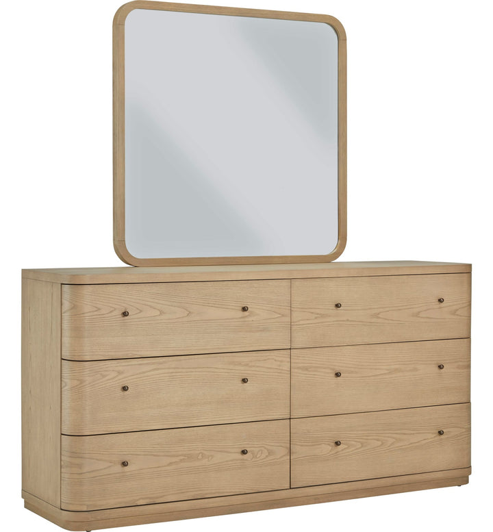 Penny Wall or Dresser Mirror in Buff Cream — on a white background, mounted on the matching dresser (sold separately)