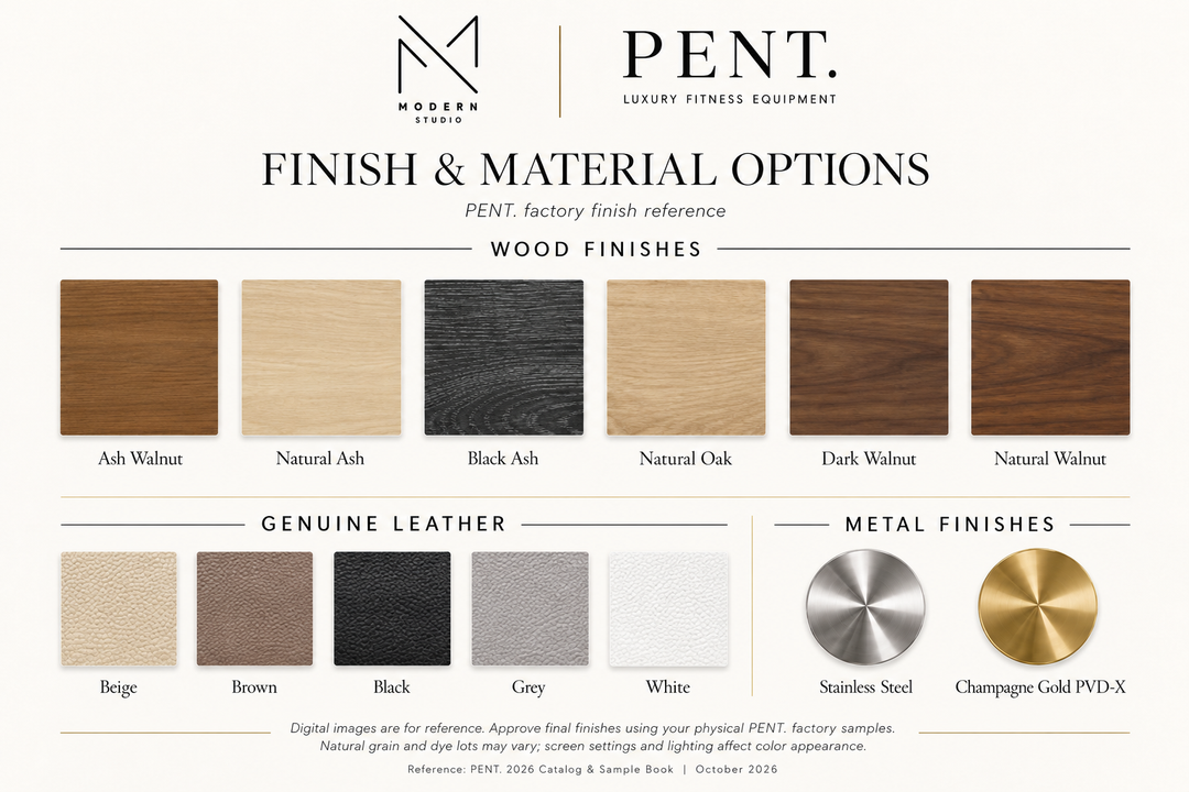PENT finish and material options — wood, leather, and metal