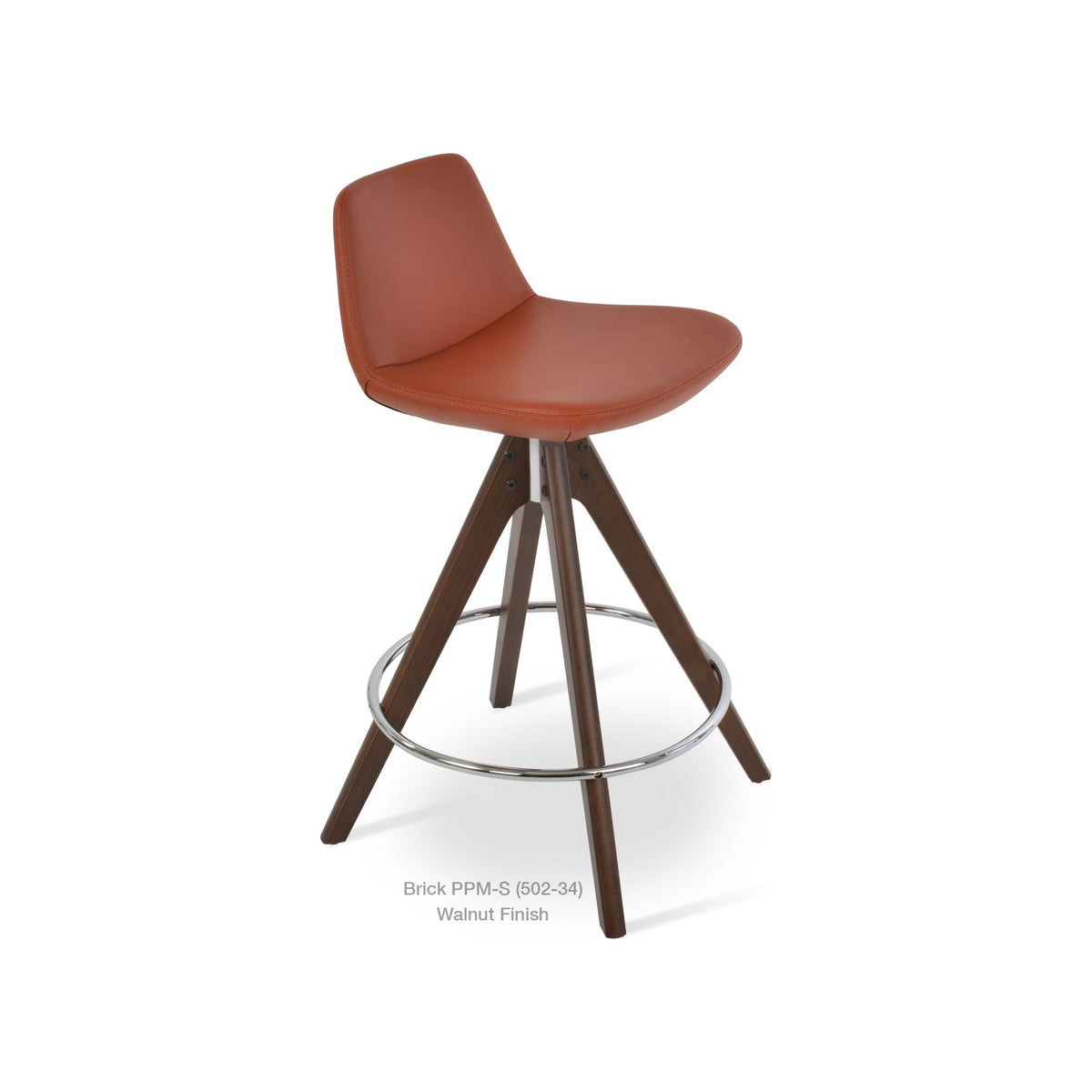 Pera Pyramid Wood Swivel Stool by Soho Concept — angled view in brick upholstery with walnut-finish legs
