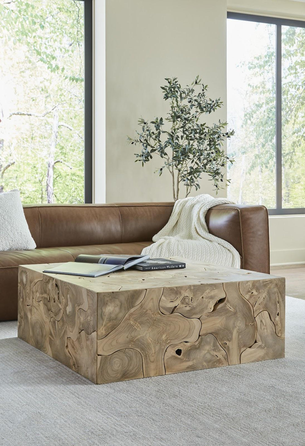 Teak Slice Coffee Table, Square, Bleached by Phillips Collection — room setting