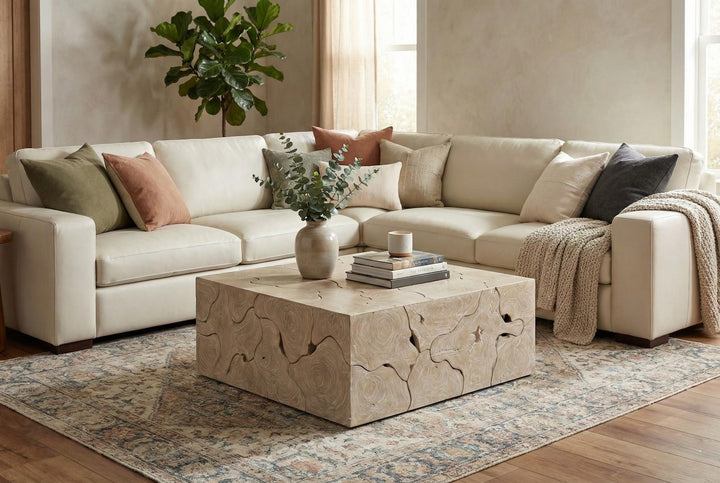 Teak Slice Coffee Table, Square, Oat Finish by Phillips Collection — room setting
