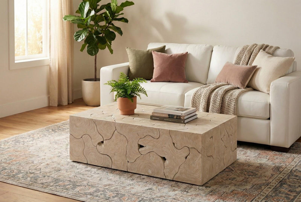 Teak Slice Coffee Table, Rectangle, Oat Finish by Phillips Collection — room setting