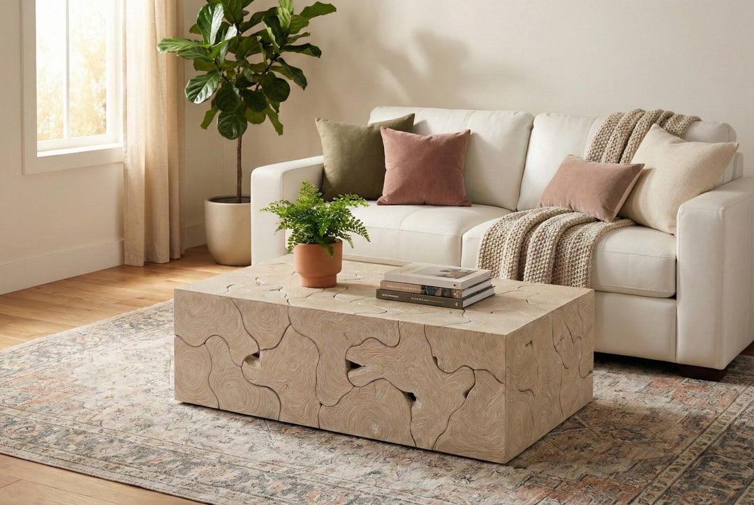Teak Slice Coffee Table, Rectangle, Oat Finish by Phillips Collection — room setting