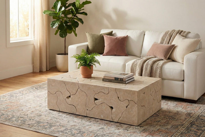 Teak Slice Coffee Table, Rectangle, Oat Finish by Phillips Collection — room setting