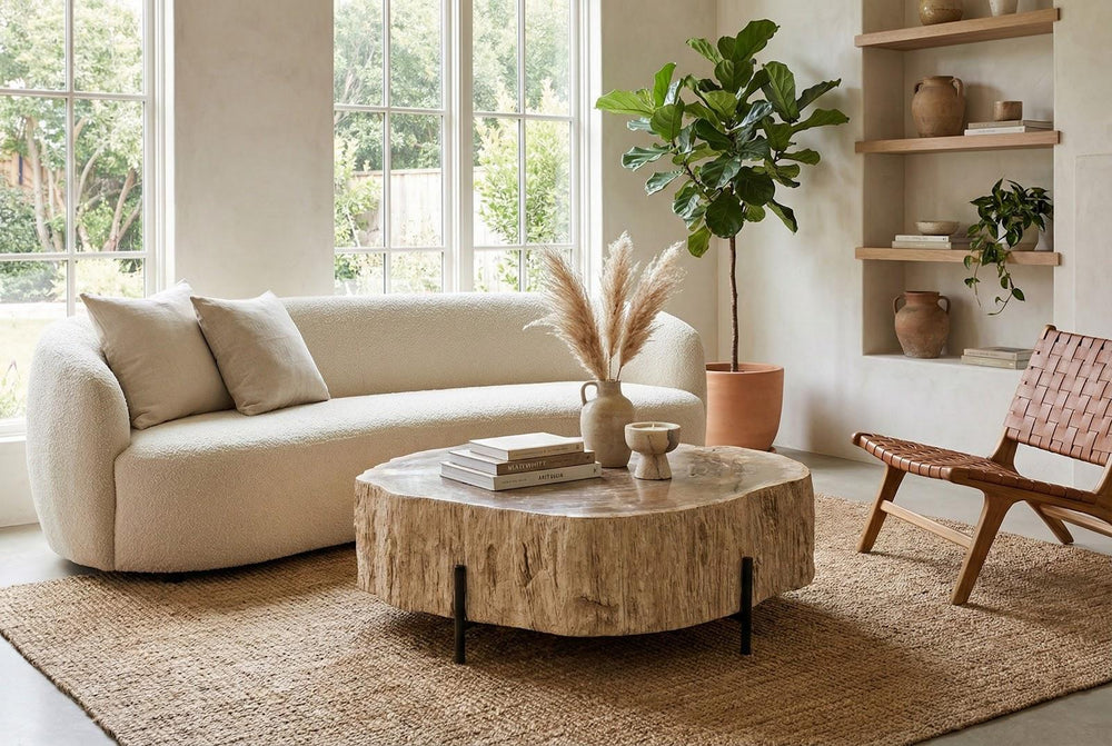 Chaka Petrified Coffee Table, Cream, With Black Legs by Phillips Collection — room setting