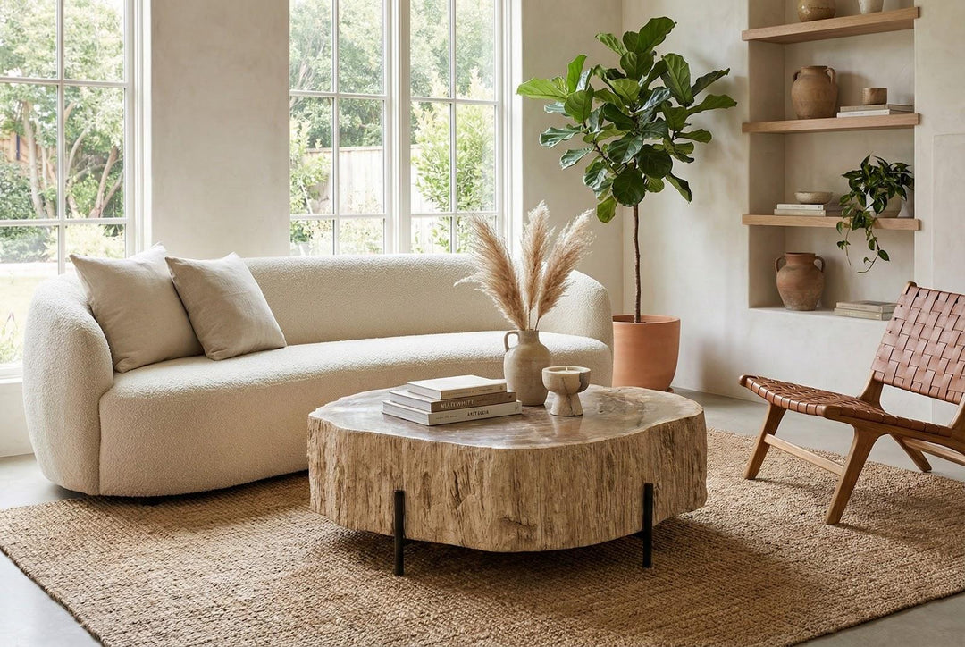 Chaka Petrified Coffee Table, Cream, With Black Legs by Phillips Collection — room setting