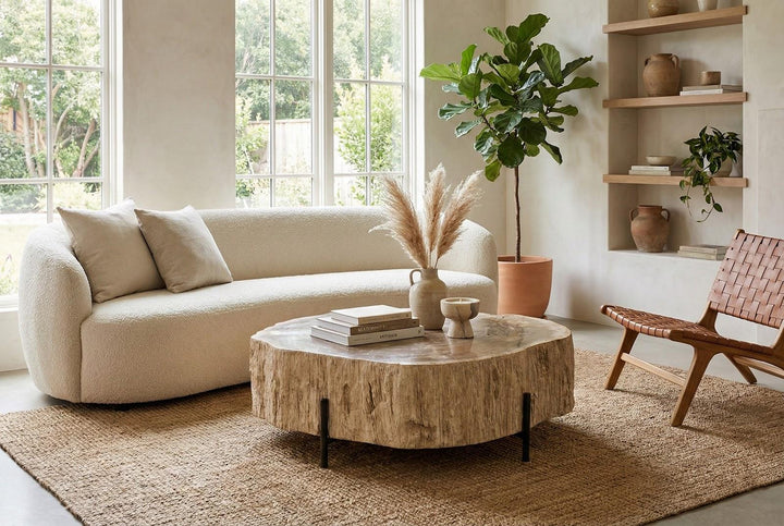 Chaka Petrified Coffee Table, Cream, With Black Legs by Phillips Collection — room setting