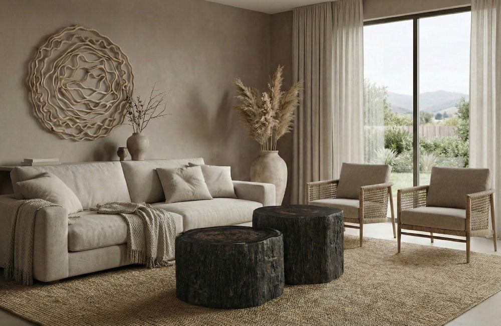 Chaka Petrified Coffee Table, Rough, Black, Small by Phillips Collection — room setting