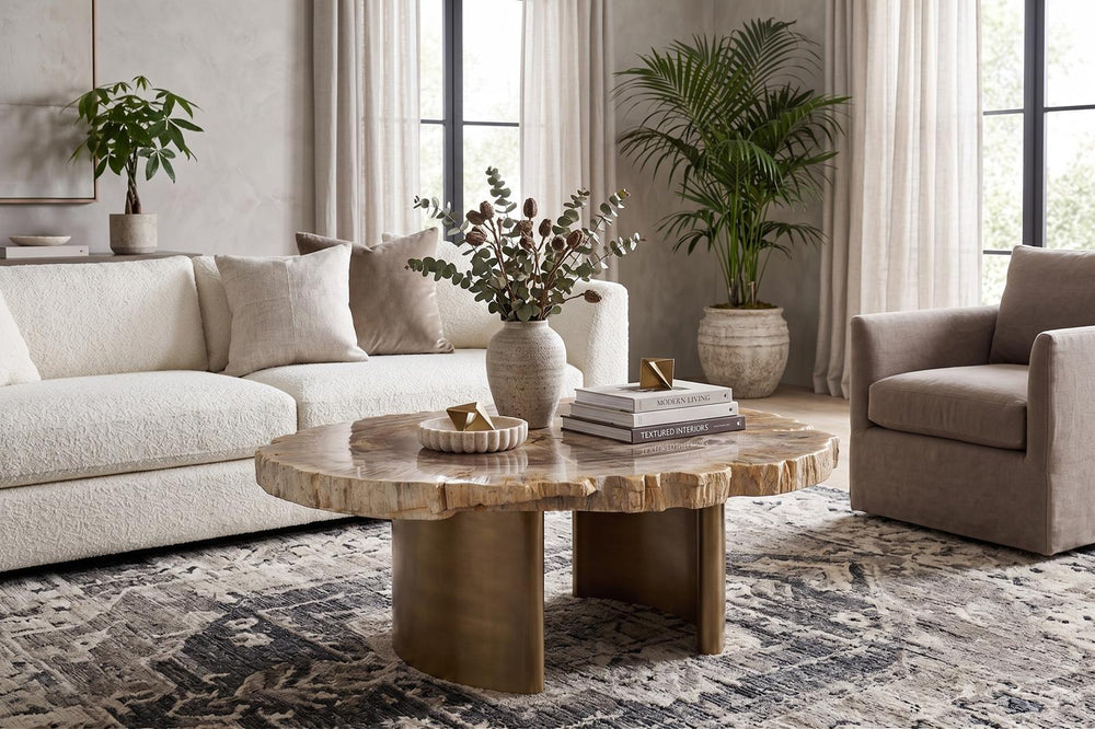 Tero Petrified Coffee Table, Brass Legs by Phillips Collection — room setting