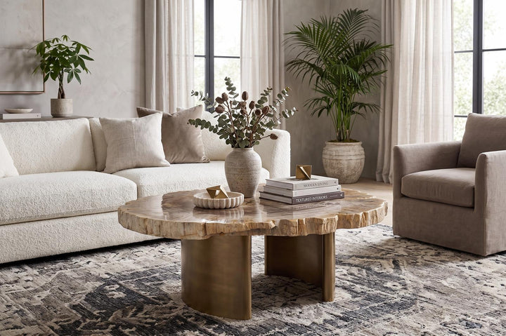 Tero Petrified Coffee Table, Brass Legs by Phillips Collection — room setting