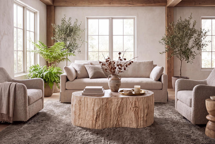 Lithic Petrified Freeform Coffee Table, Rough, Cream by Phillips Collection — room setting
