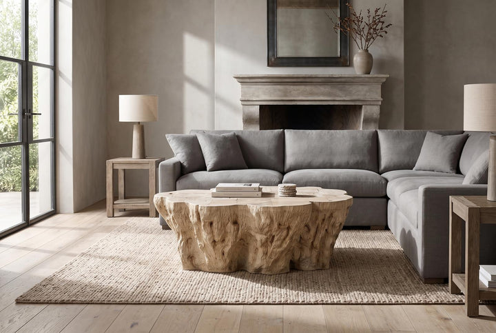 Hewn Petrified Coffee Table, Rough Cream by Phillips Collection — room setting