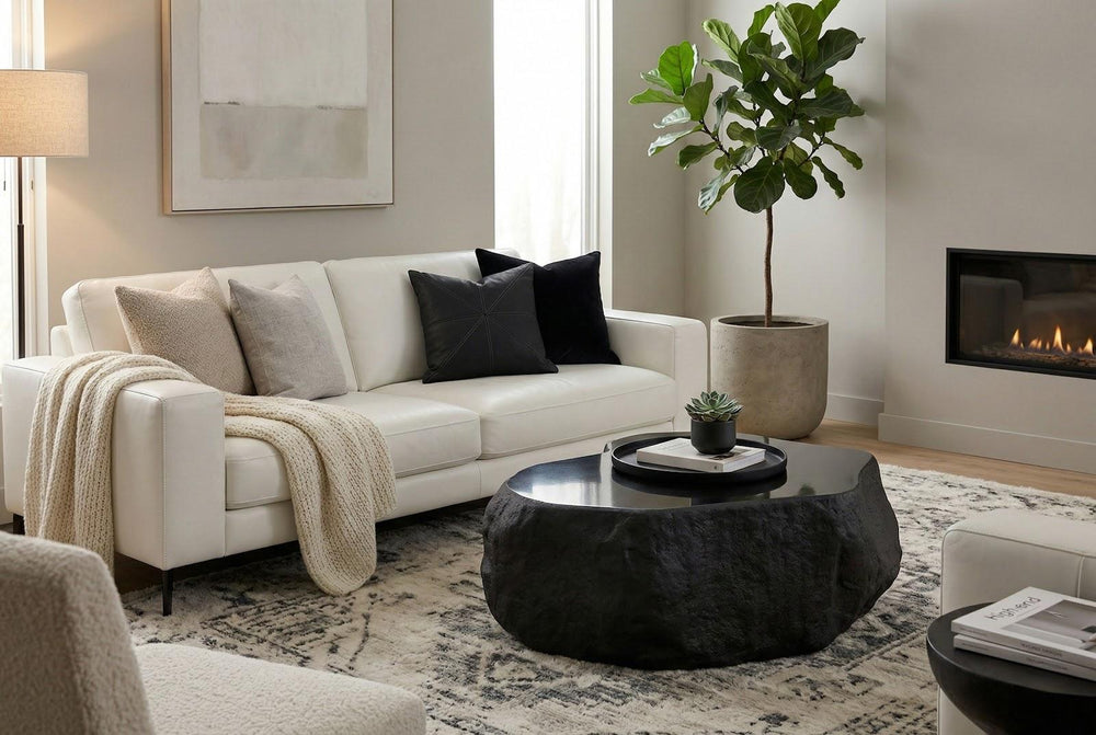 Quarry Coffee Table, Small, Black Glamstone by Phillips Collection — room setting