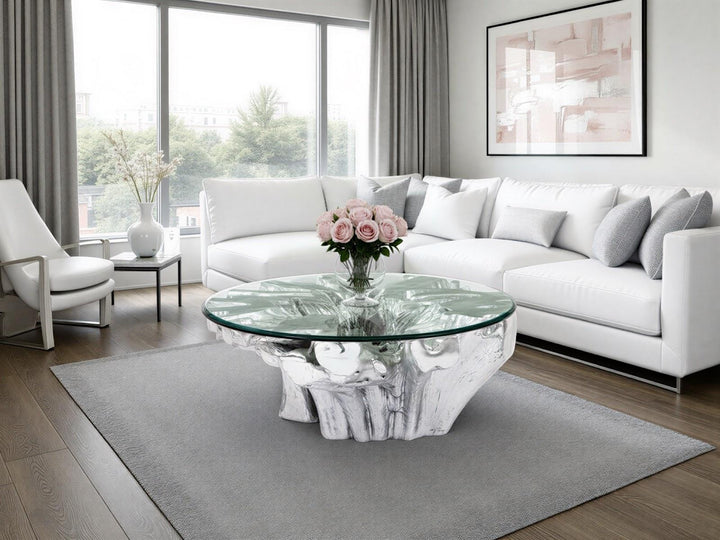 Abyss Cast Root Coffee Table With Glass, Silver Leaf by Phillips Collection — room setting