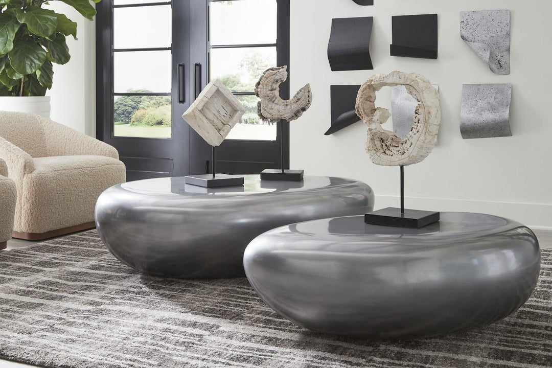 River Stone Coffee Table, Polished Aluminum, Small by Phillips Collection — room setting