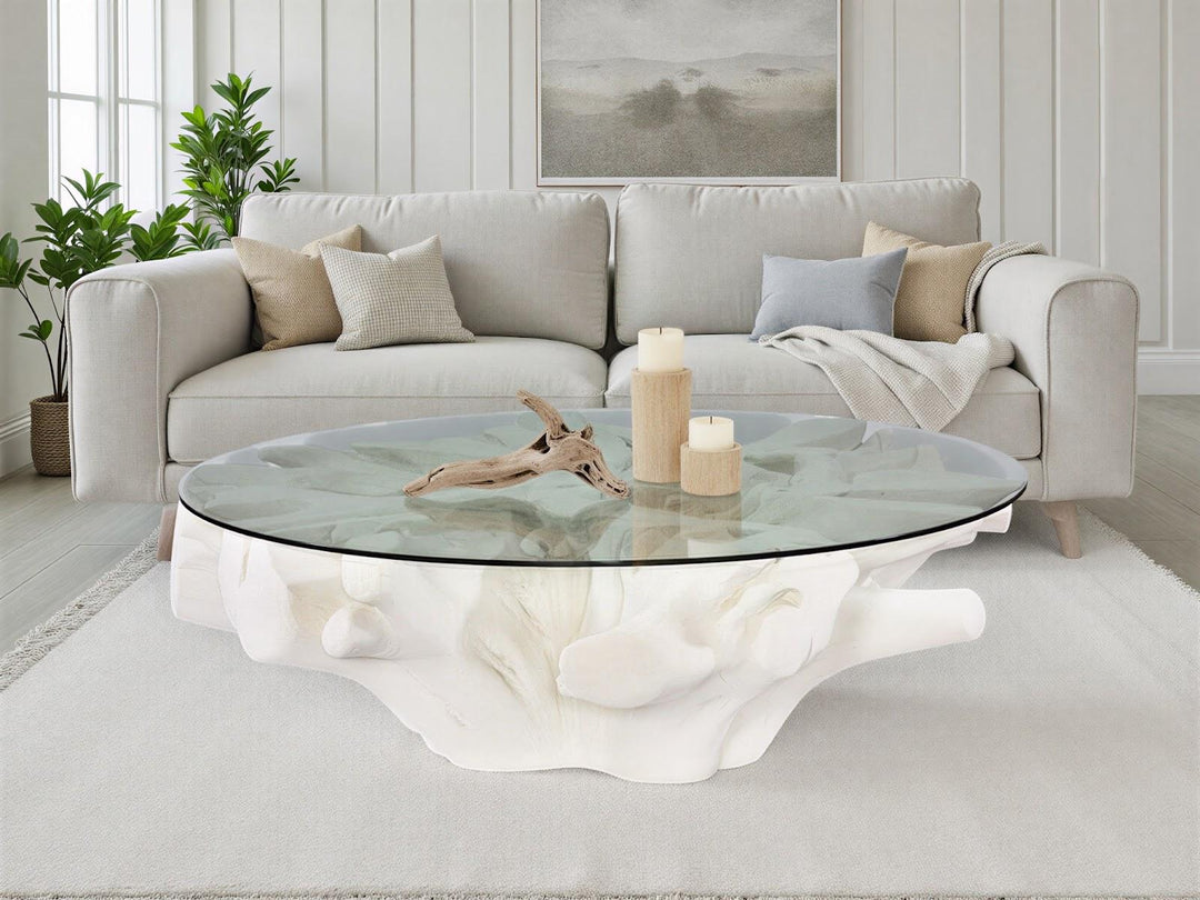 Sono Cast Root Coffee Table, With Glass, Roman Stone by Phillips Collection — room setting