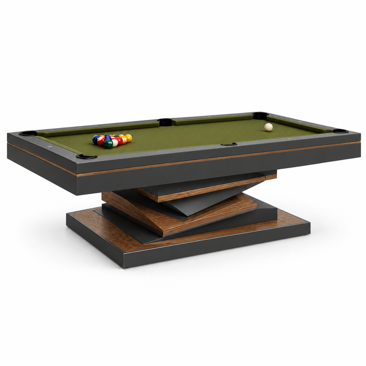 Neavio Olive &amp; Charcoal rendered preview: charcoal frame, walnut accent finish and supplier Olive felt on white