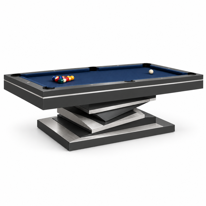 Neavio Midnight rendered preview: graphite frame, brushed steel accent finish and supplier Navy felt on white