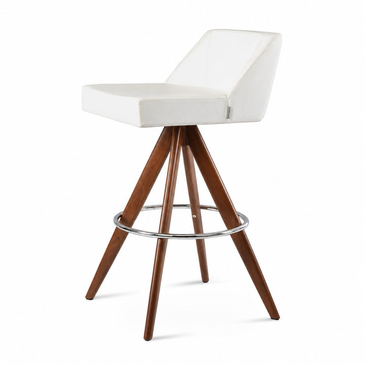 Prisma Pyramid MW Swivel Stool by Soho Concept — white leatherette with walnut-veneer steel legs and chrome footrest, front three-quarter view