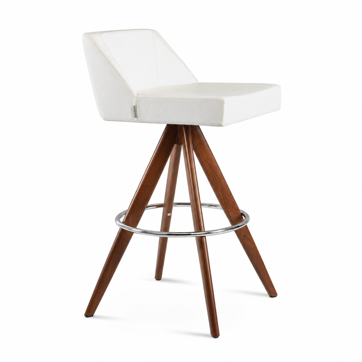 Prisma Pyramid MW Swivel Stool by Soho Concept — white leatherette with walnut-veneer steel legs and chrome footrest, front three-quarter view