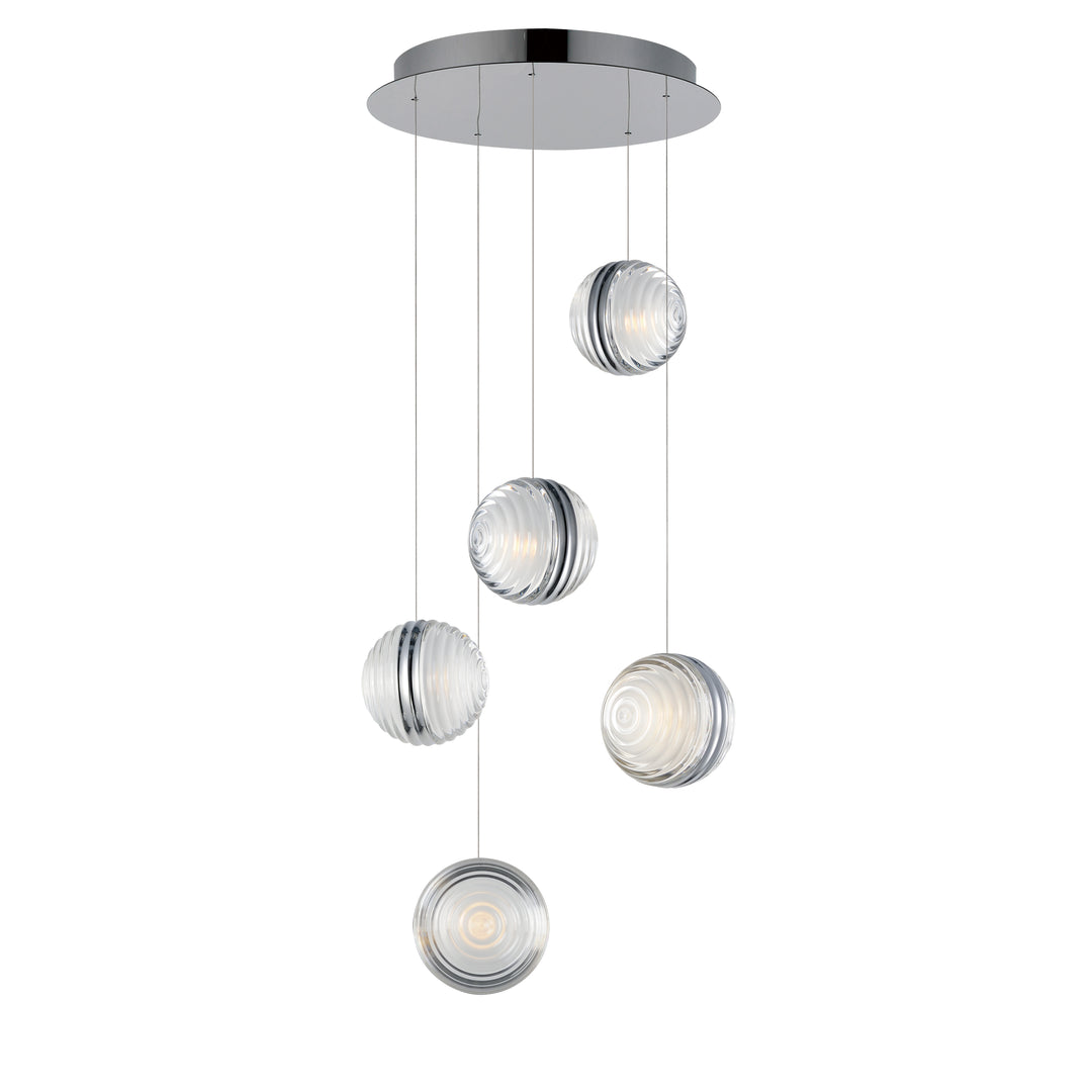 Pulse 5-Light LED Pendant by ET2 Lighting in Polished Chrome, front view