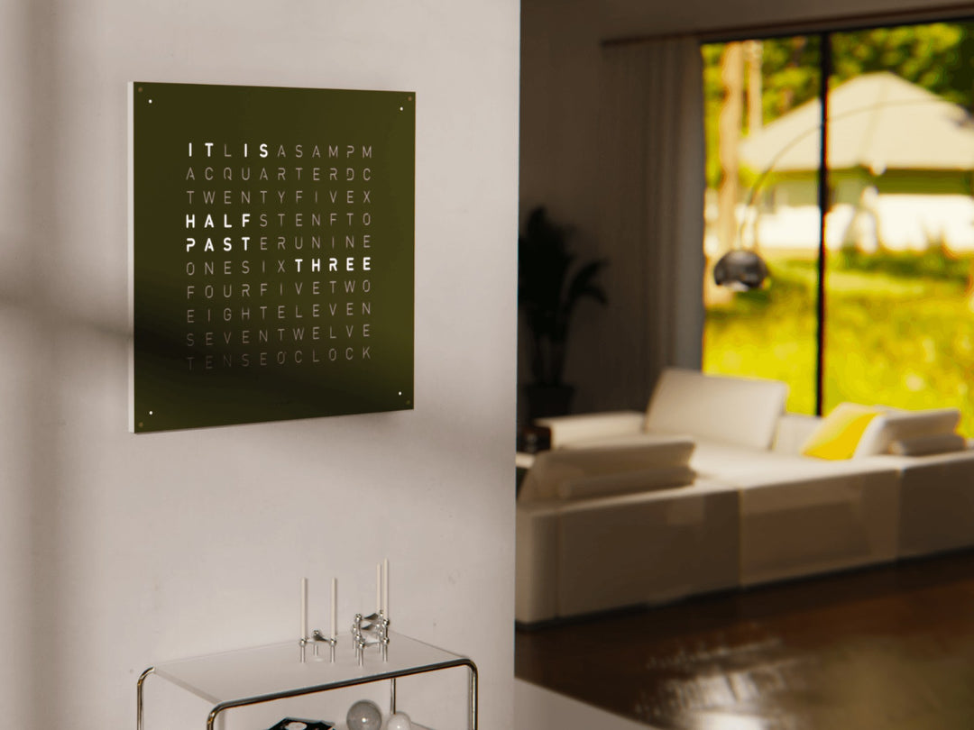 QLOCKTWO EARTH 90 Olive wall clock in a modern interior