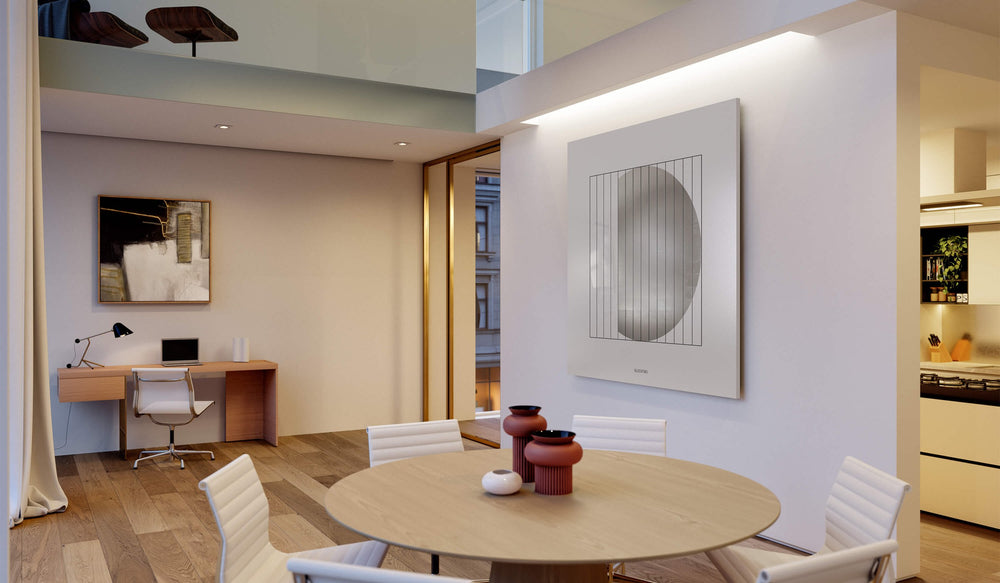 QLOCKTWO MOON 180 Dawn Platinum in a dining room