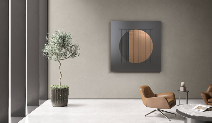 QLOCKTWO MOON 180 Nightfall Moon Gold in a living room