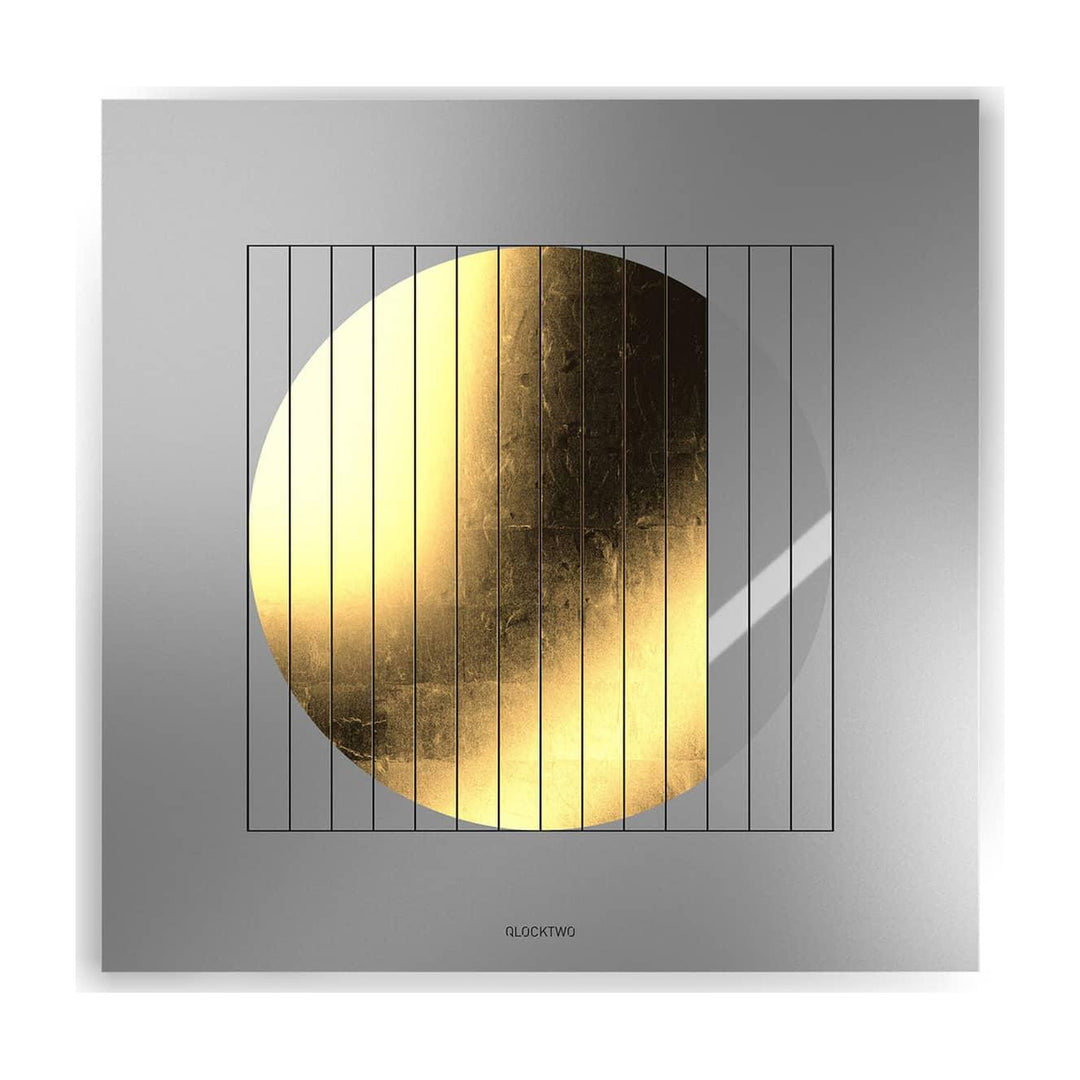 QLOCKTWO MOON 90 lunar-phase display in Gold with Dawn background, front view