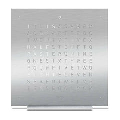 QLOCKTWO EARTH 13.5 tabletop word clock in brushed stainless steel, front view on its stand