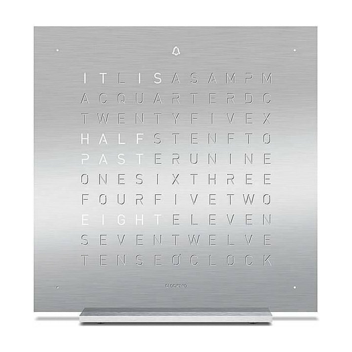 QLOCKTWO EARTH 13.5 tabletop word clock in brushed stainless steel, front view on its stand