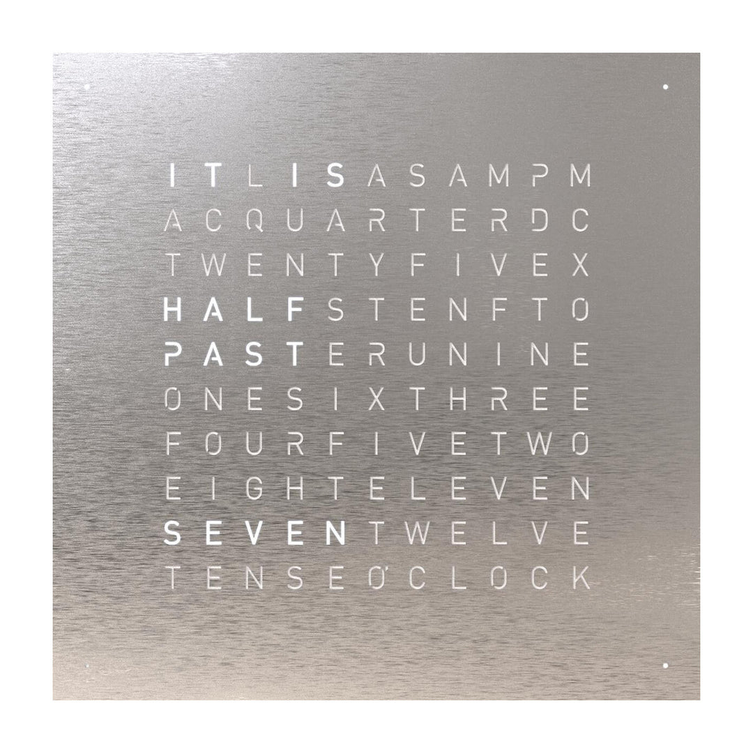 QLOCKTWO EARTH 45 word clock with brushed stainless-steel face, front view