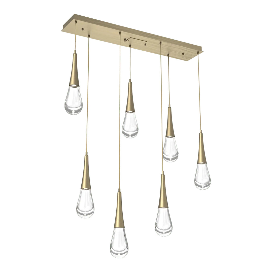 Raindrop Linear Pendant Chandelier by Hammerton Studio 7 Lights in Heritage Brass with Clear glass