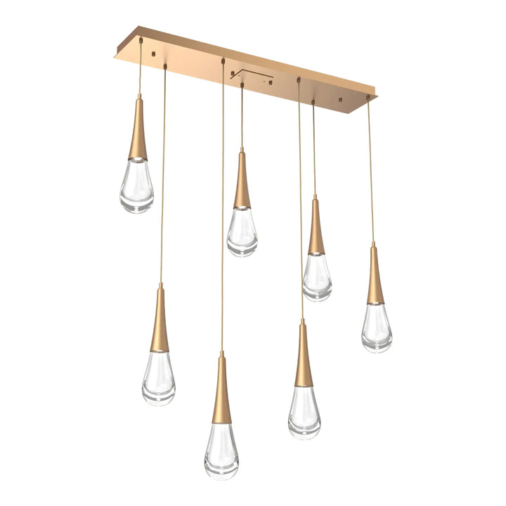 Raindrop Linear Pendant Chandelier by Hammerton Studio 7 Lights in Novel Brass with Clear glass