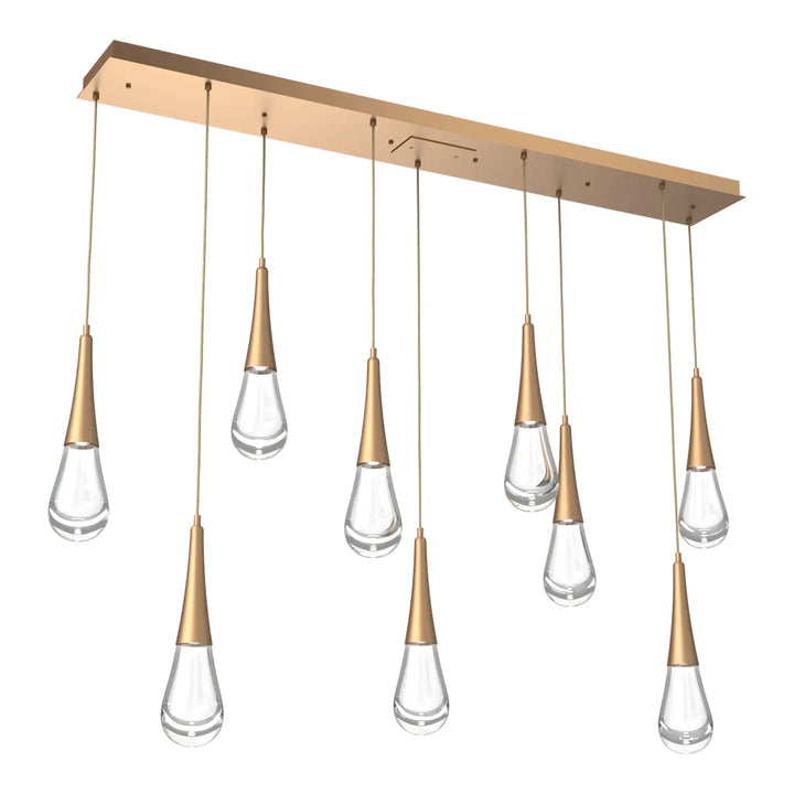 Raindrop Linear Pendant Chandelier by Hammerton Studio 9 Lights in Novel Brass with Clear glass
