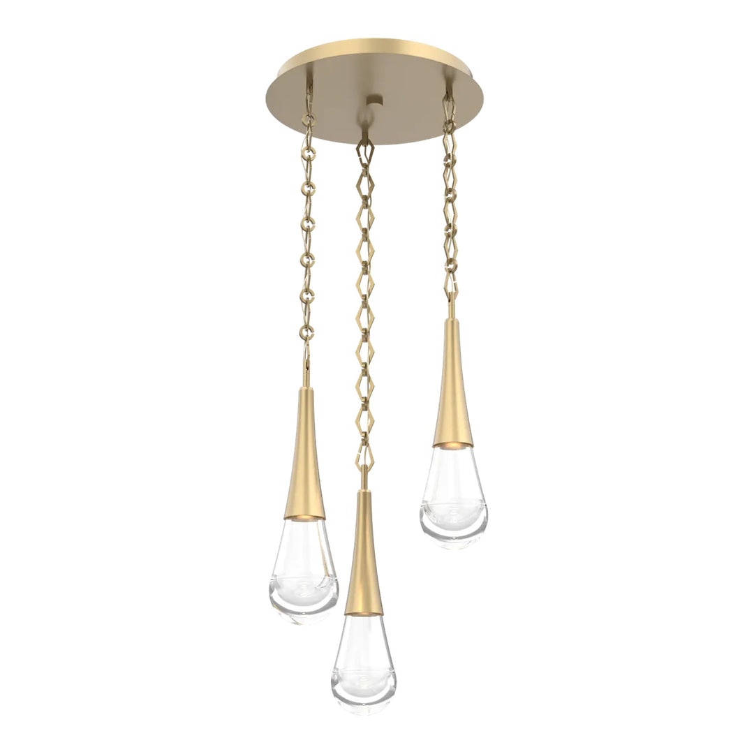 Raindrop Round Pendant Chandelier by Hammerton Studio 3 Lights in Gilded Brass with Clear glass on chain