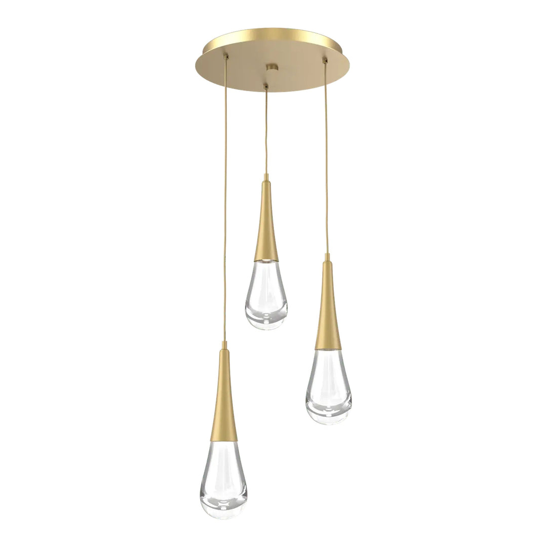 Raindrop Round Pendant Chandelier by Hammerton Studio 3 Lights in Gilded Brass with Clear glass on adjustable cord