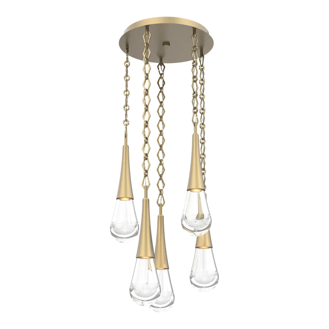 Raindrop Round Pendant Chandelier by Hammerton Studio 5 Lights in Gilded Brass with Clear glass on chain