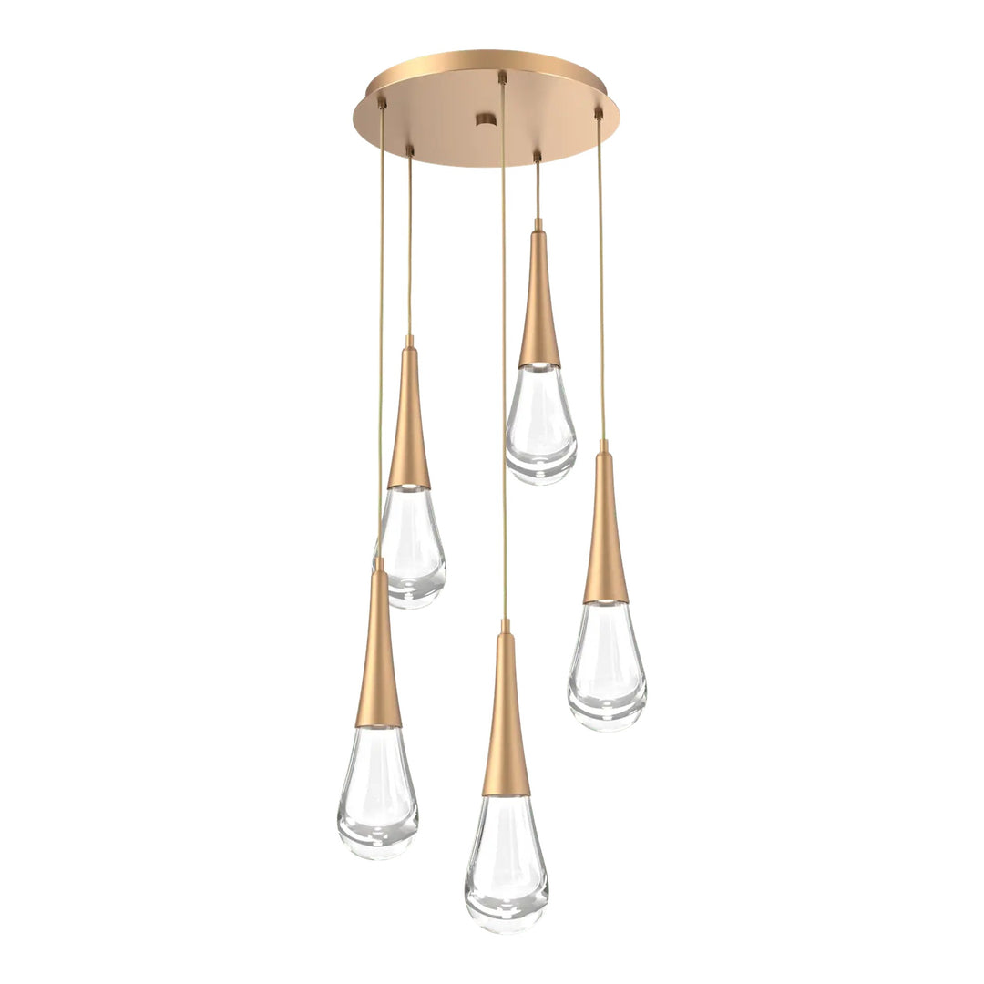 Raindrop Round Pendant Chandelier by Hammerton Studio 5 Lights in Novel Brass with Clear glass on adjustable cord