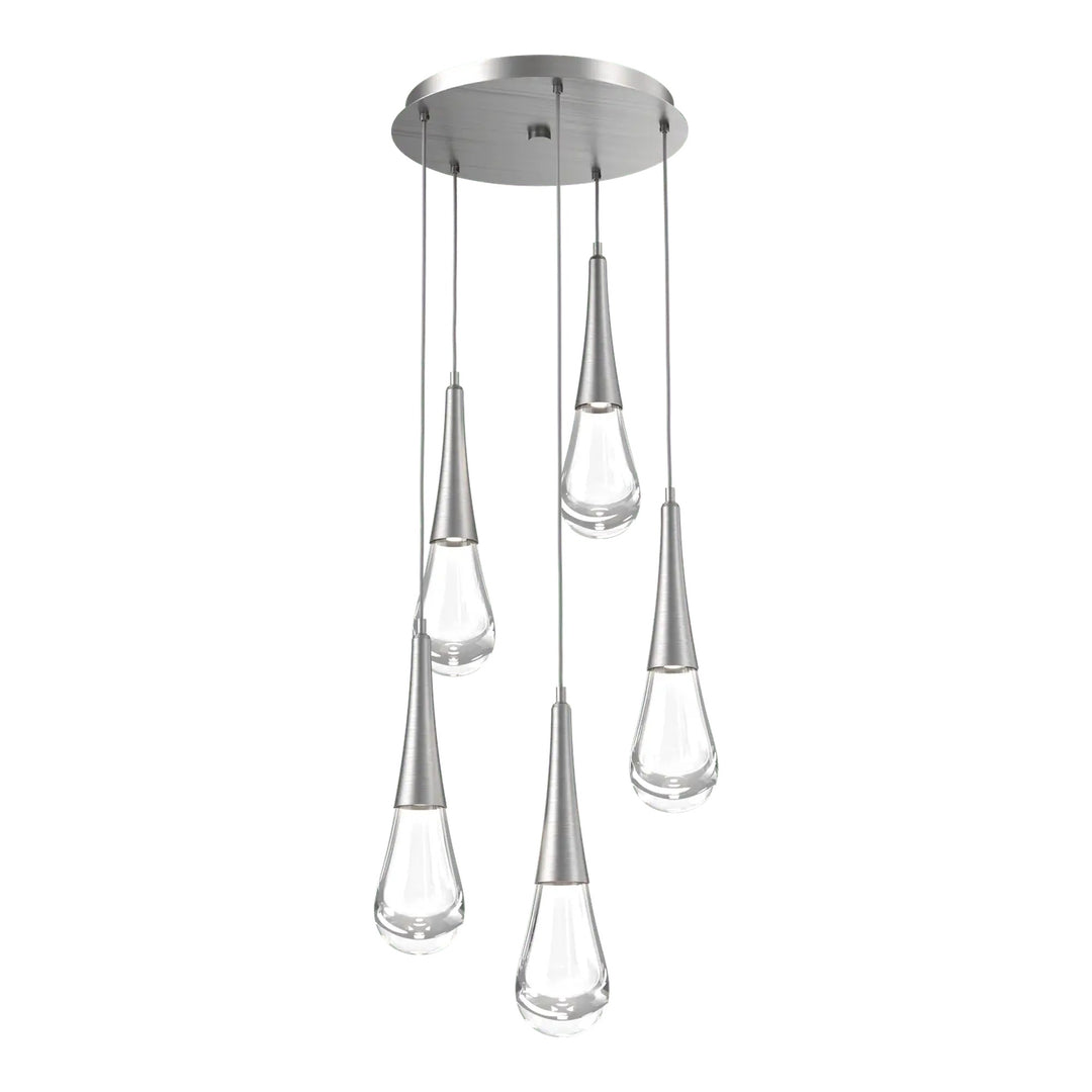 Raindrop Round Pendant Chandelier by Hammerton Studio 5 Lights in Satin Nickel with Clear glass on adjustable cord