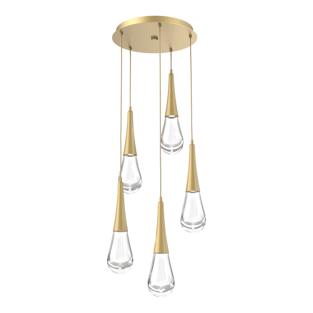 Raindrop Round Pendant Chandelier by Hammerton Studio 5 Lights in Gilded Brass with Clear glass on adjustable cord