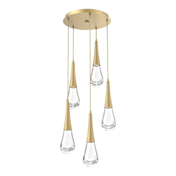 Raindrop Round Pendant Chandelier by Hammerton Studio 5 Lights in Gilded Brass with Clear glass on adjustable cord