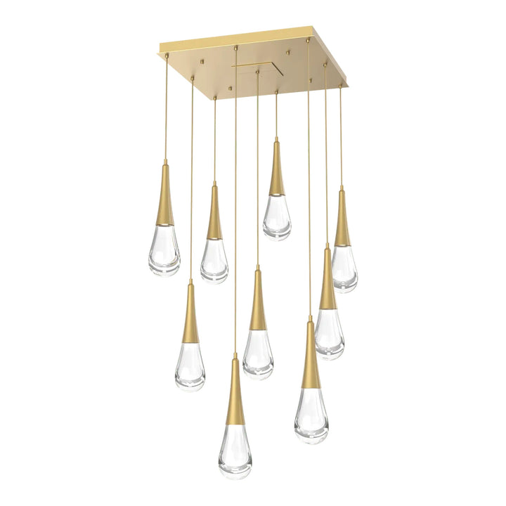 Raindrop Square Pendant Chandelier by Hammerton Studio 9 Lights in Gilded Brass with Clear glass
