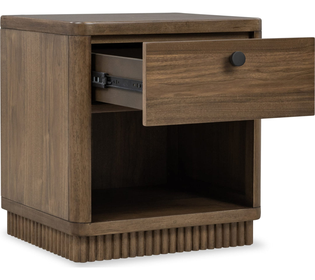 Ravelle One Drawer Nightstand in Walnut Grove — with drawers open