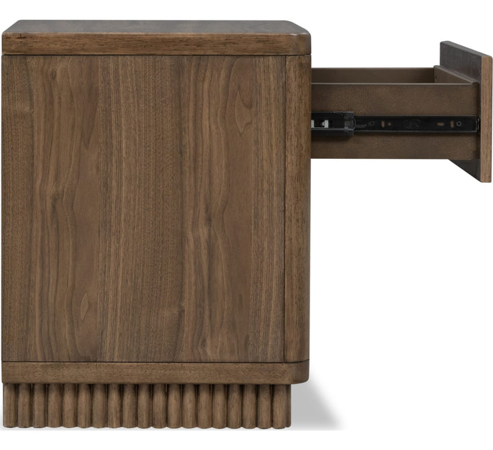 Ravelle One Drawer Nightstand in Walnut Grove — with drawers open