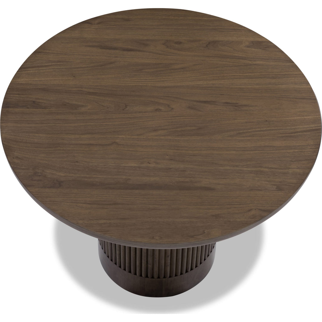 Ravelle Round Dining Table in Walnut Grove — product view on a white background
